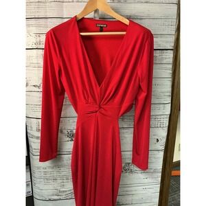 Express Red Long Sleeve Cut Out Twist Front‎ Midi Dress Size L